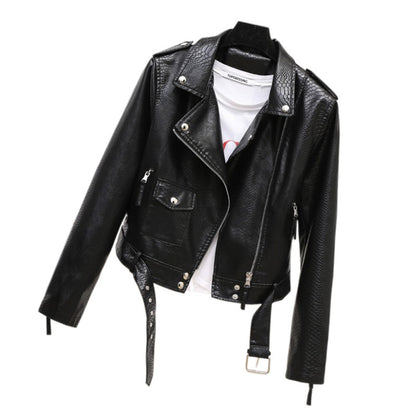 Texture Leather Coat for Women Autumn Polo Collar Belt Faux Leather Jacket Epaulet Short Motorcycle Slim Jacket