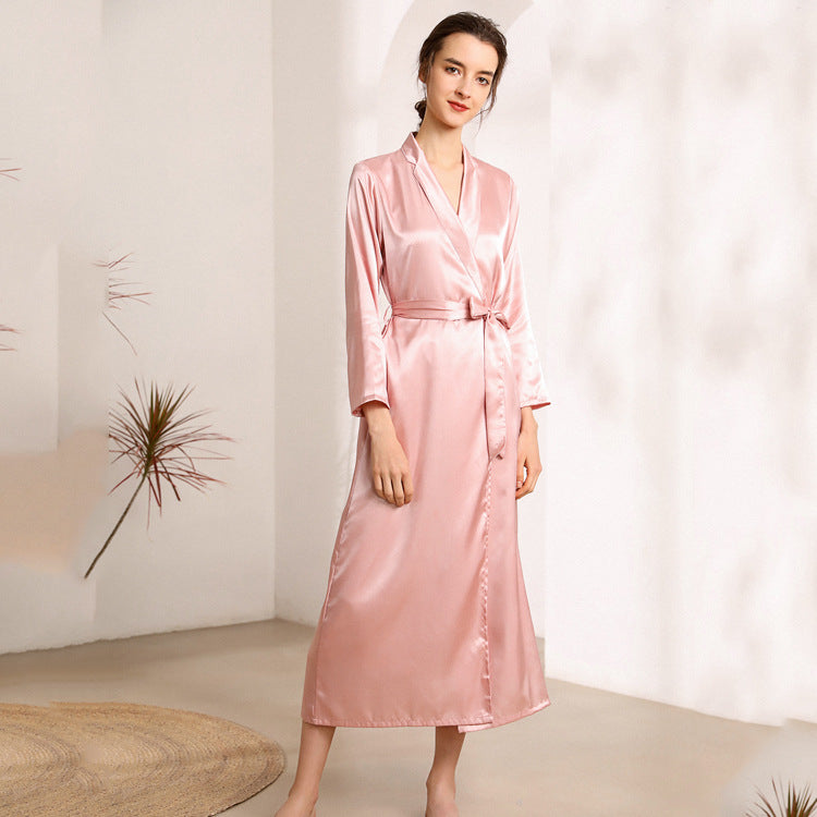 Imitated Silk Pajamas Women Collared Long Robe Women Sexy Pajamas Bathrobe Homewear