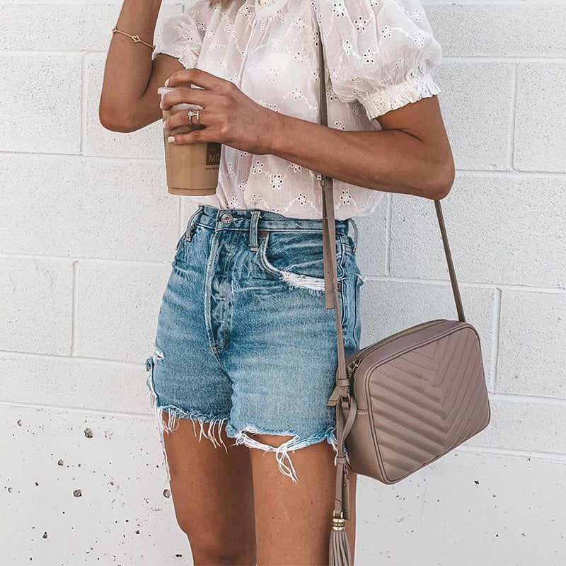 Summer Loose Button Ripped Jeans Shorts Pants Women Clothing