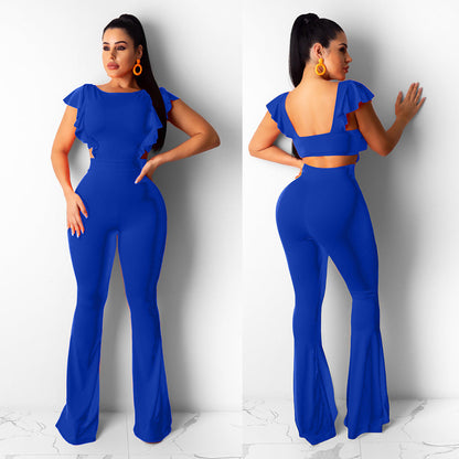 Women Clothing Sexy Women Clothing Flying Sleeves Solid Color Wide Leg Flared Jumpsuit