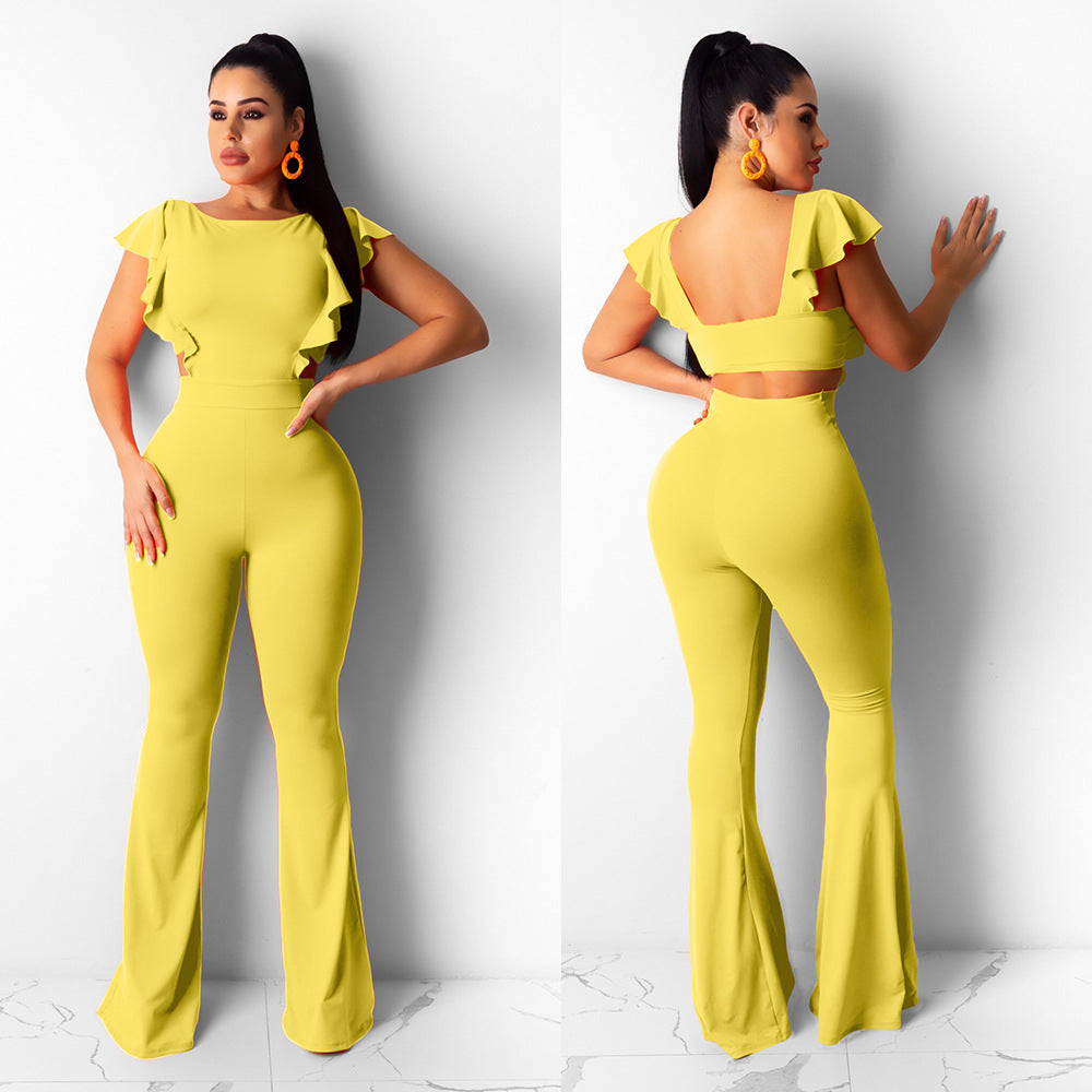 Women Clothing Sexy Women Clothing Flying Sleeves Solid Color Wide Leg Flared Jumpsuit