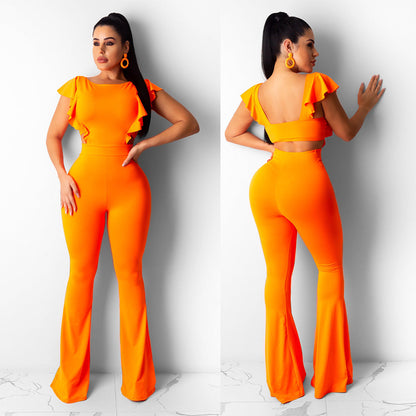 Women Clothing Sexy Women Clothing Flying Sleeves Solid Color Wide Leg Flared Jumpsuit