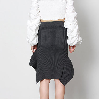 Women Skirt Spring Summer Elegant Mid Length Irregular Asymmetric Elastic Women High Waist Knitted Hip Skirt