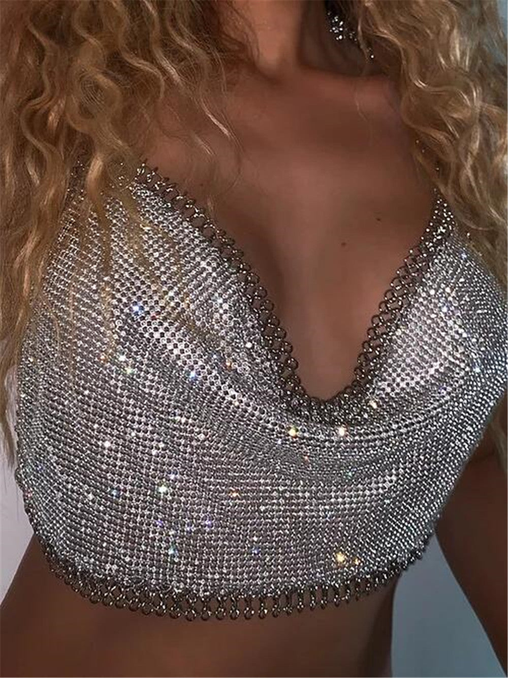 Bar Nightclub Sexy Backless Tube Top Metal Rhinestone Spaghetti Straps Cropped Vest Women Clothing