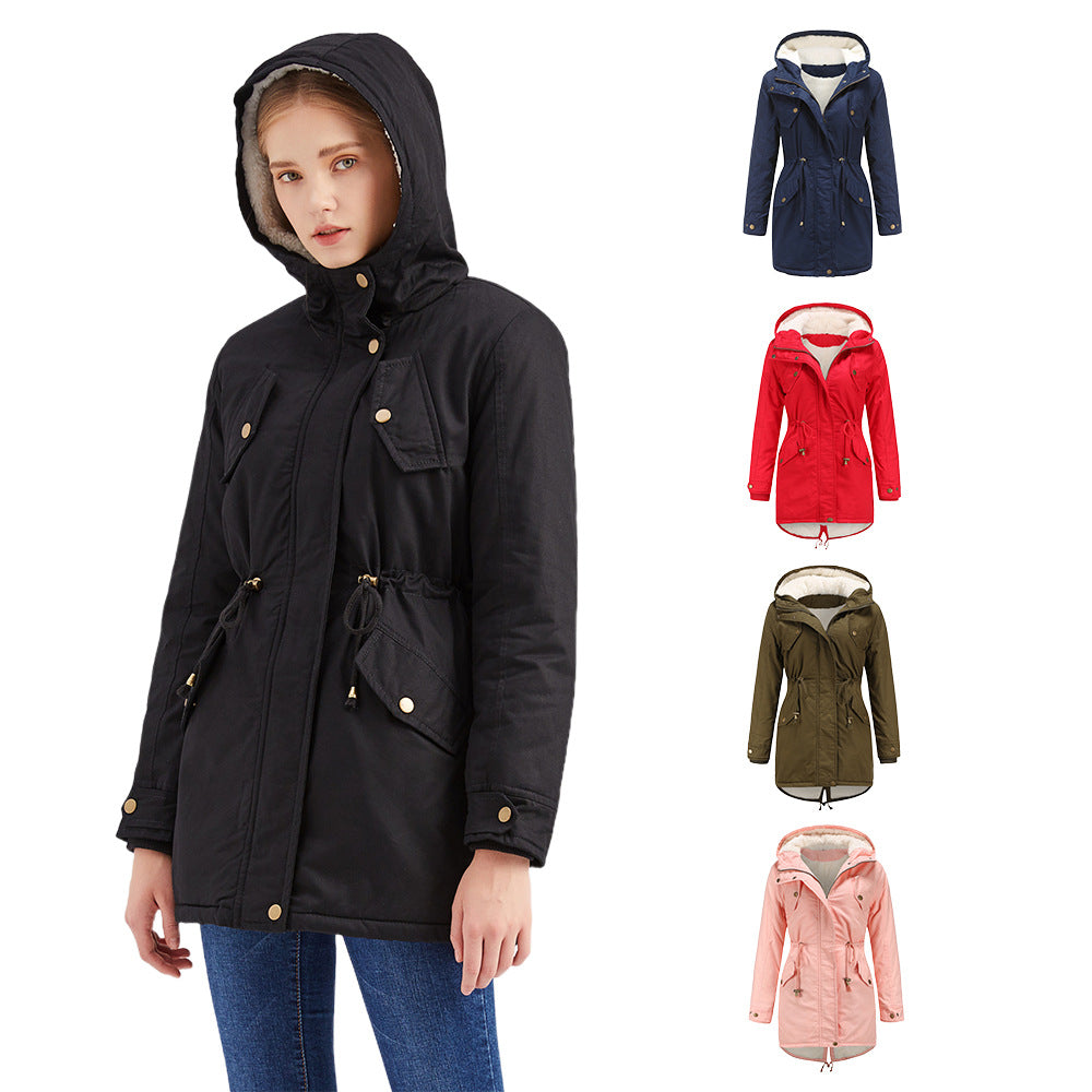 Size Autumn Winter New Women  Cotton-Padded Coat Women Solid Color Hooded Drawstring Cinched Thickening Cotton-Padded Coat Velvet Cotton Clothes