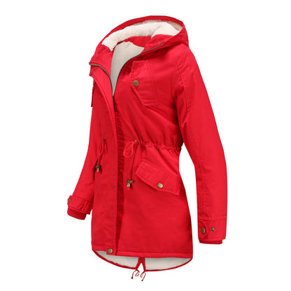 Size Autumn Winter New Women  Cotton-Padded Coat Women Solid Color Hooded Drawstring Cinched Thickening Cotton-Padded Coat Velvet Cotton Clothes