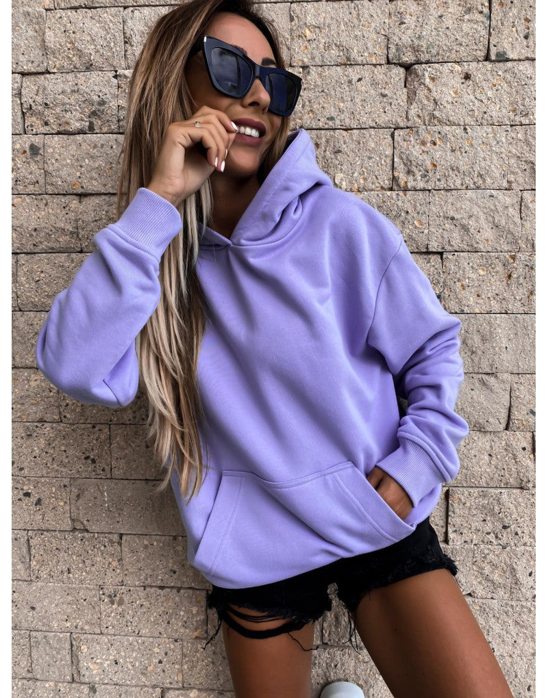 Autumn Winter Long Sleeves Solid Color Pullover Hooded  Top Women Clothing