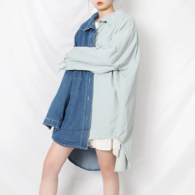 Spring Korean Casual Polo Collar Single Breasted Contrast Color Loose Batwing Long Sleeve Denim Trench Coat
