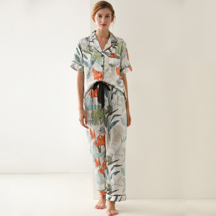 Pajamas Leaf Printed Summer Short Sleeve Imitated Silk Pajamas Lace-up Trousers Cardigan Loose Home Wear