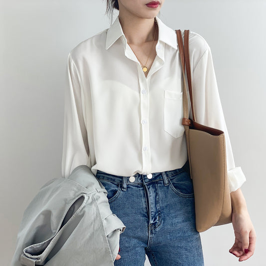 Shirt for Women Spring Korean Chic Solid Color Simple Long Sleeve Collared Shirt for Women