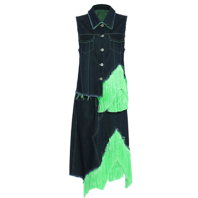 Fluorescent Green Tassel Vest Skirt Denim Two Piece Set