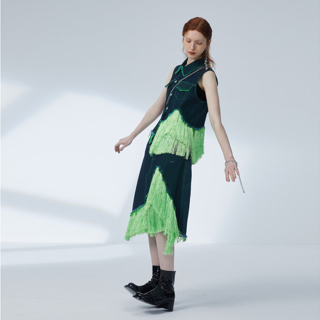 Fluorescent Green Tassel Vest Skirt Denim Two Piece Set