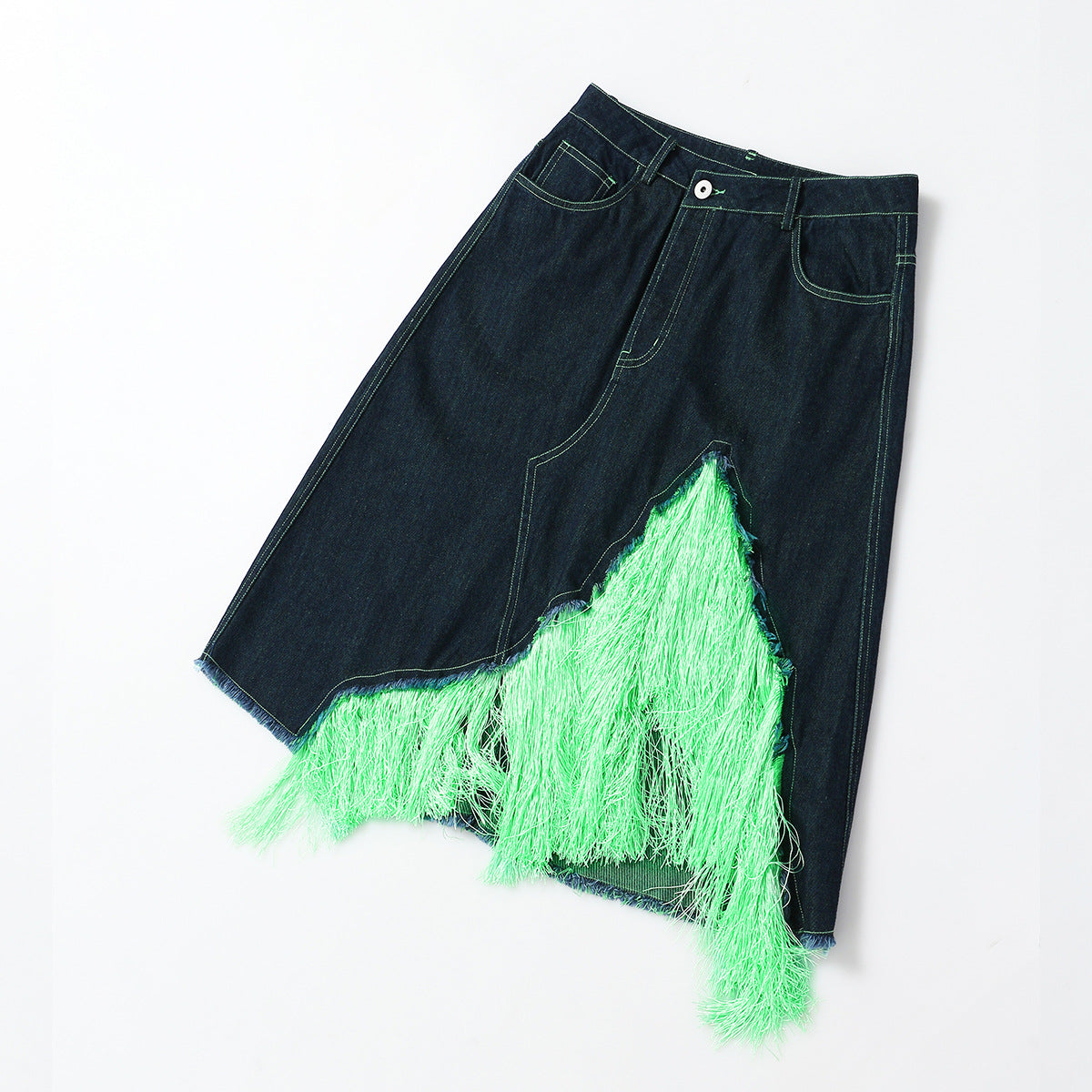 Fluorescent Green Tassel Vest Skirt Denim Two Piece Set