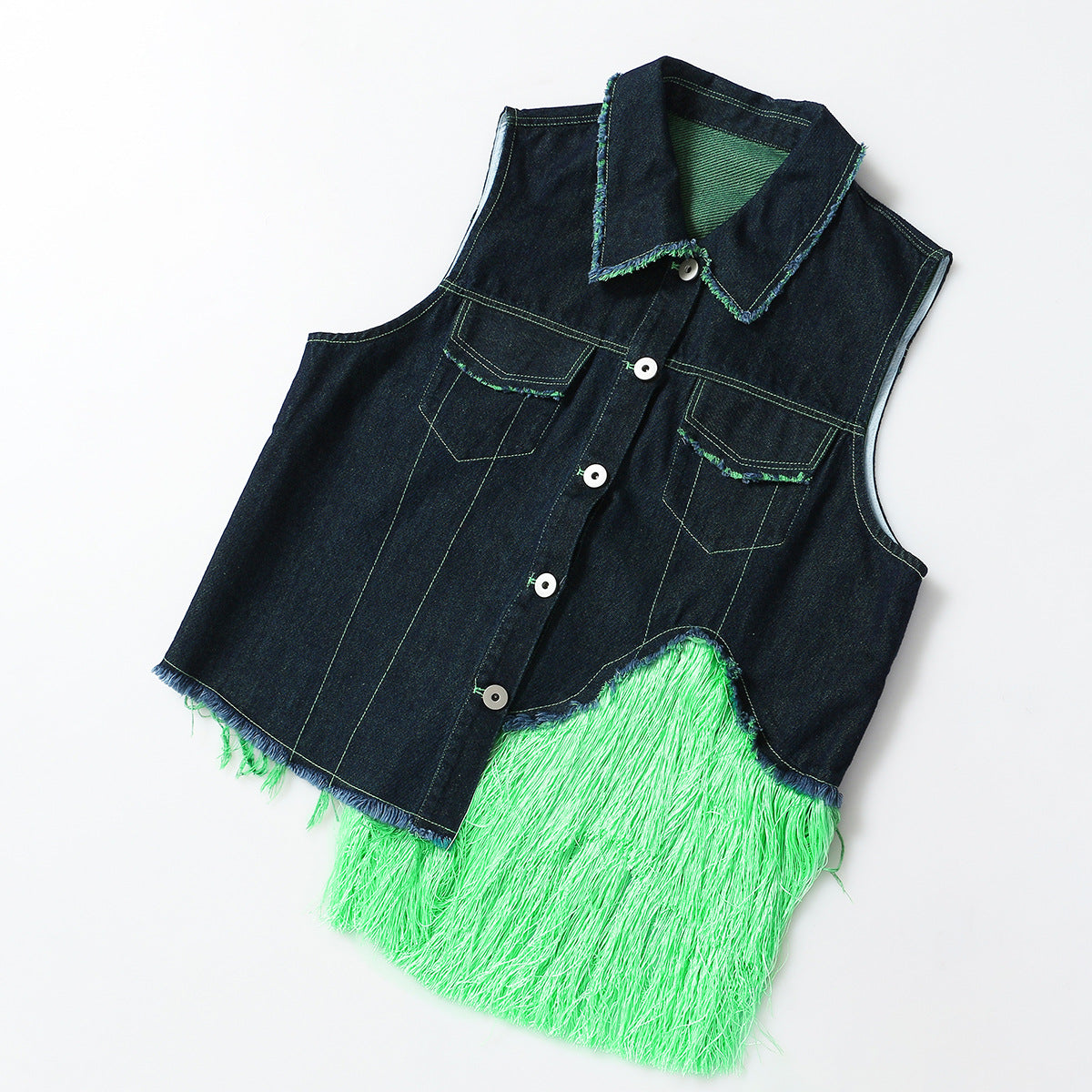 Fluorescent Green Tassel Vest Skirt Denim Two Piece Set