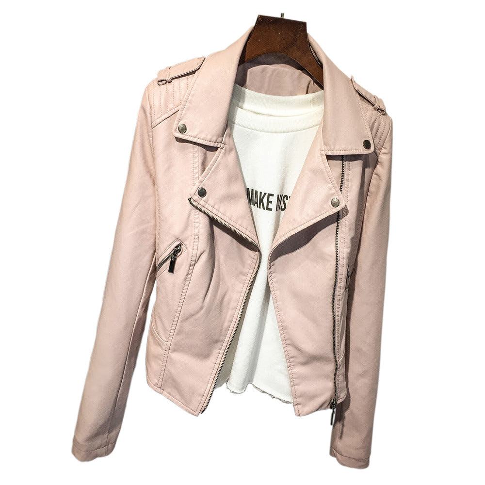 Pink Small Leather Coat Women Short Spring Autumn Leather Jacket Faux Leather Motorcycle Korean Collared Short Coat