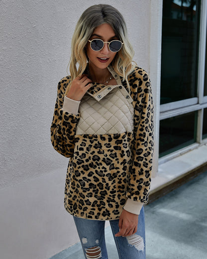 Fall Winter Leopard Splicing Plush Pullover Women Sweater