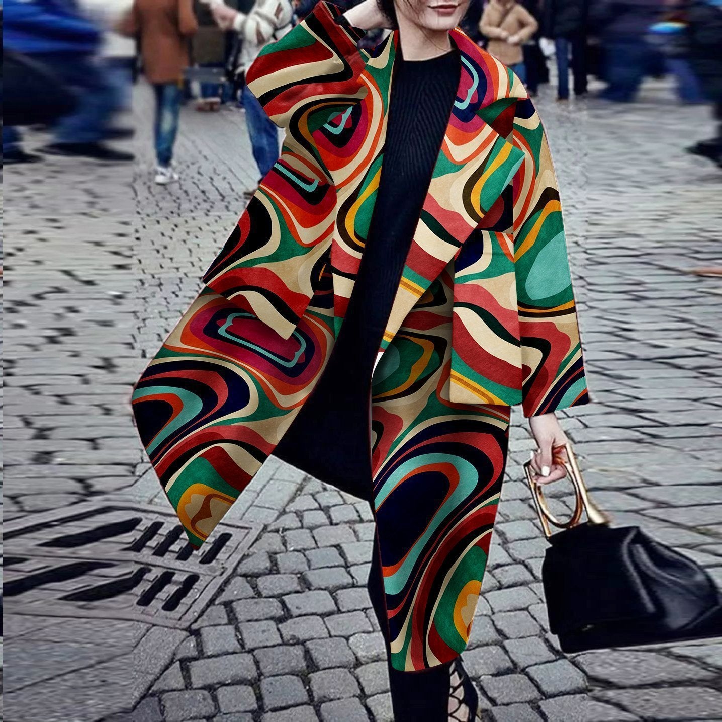 Autumn Winter Fashion Polo Collar Digital Printing Long Sleeve Pocket Coat Overcoat Plus Size
