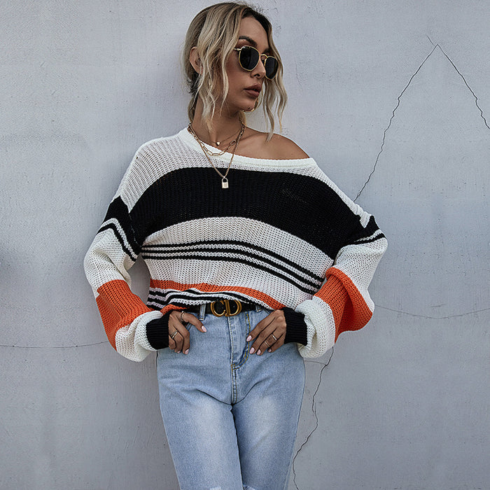 Three Color Patchwork Stripes Knitted Sweater Women Loose Long Sleeve Autumn