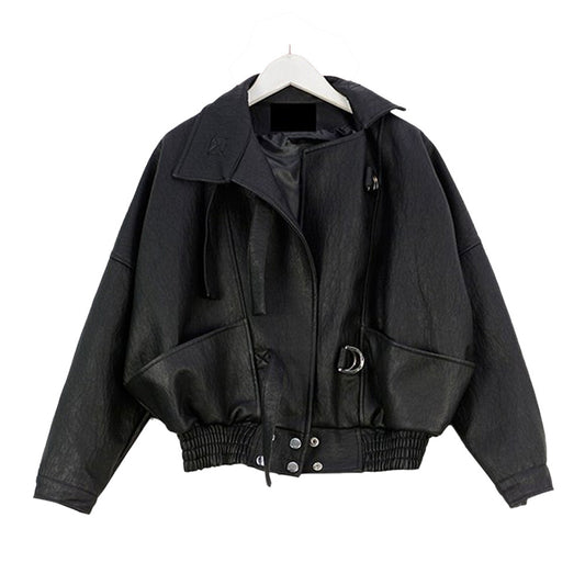 Spring Autumn Leather Jacket Coat Korean Black Short Motorcycle Faux Leather Batwing Sleeve Small Leather Coat Women