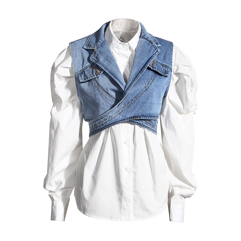 Two Piece Set Short Irregular Asymmetric Denim Vest Puff Sleeve Shirt Loose Set Criss Cross Women