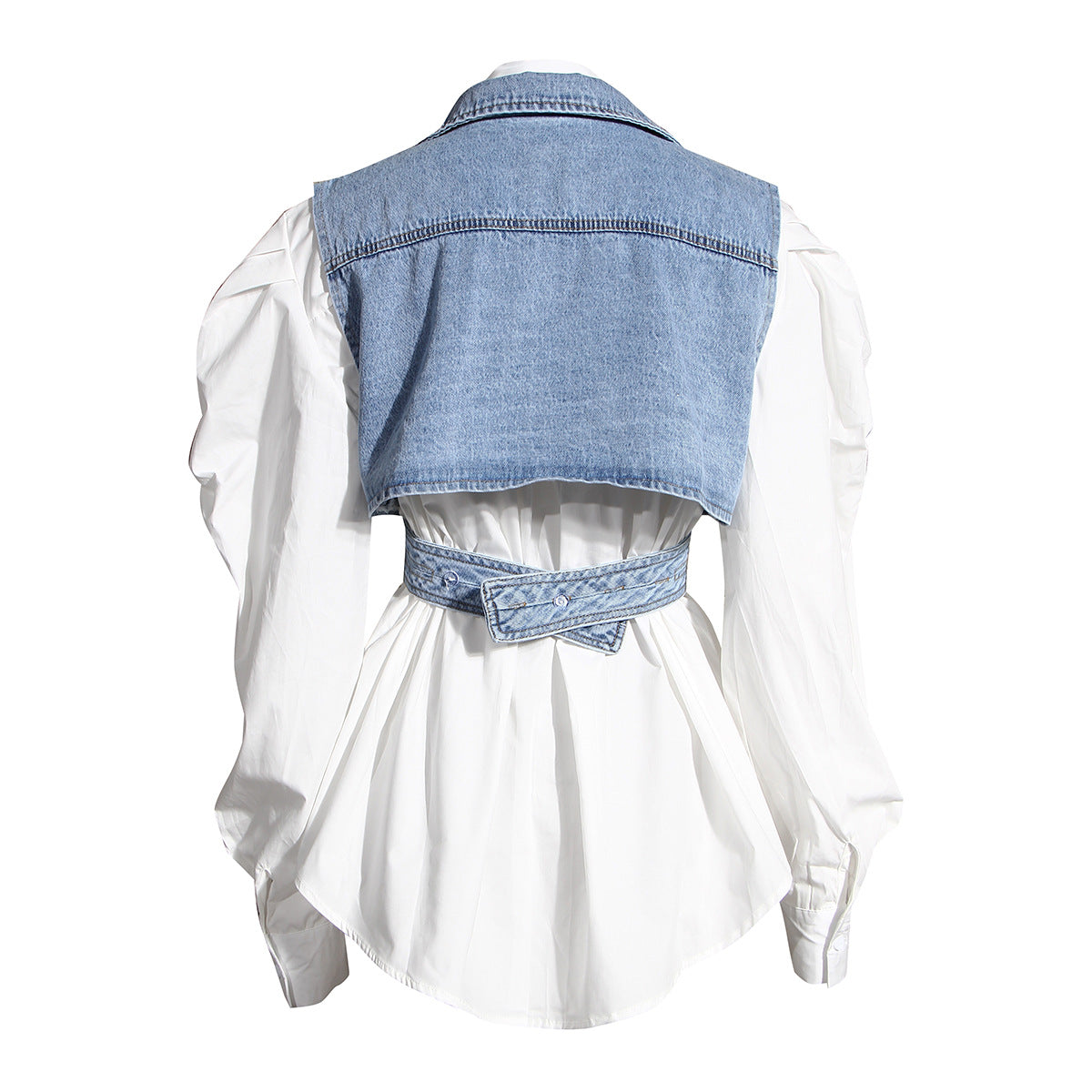 Two Piece Set Short Irregular Asymmetric Denim Vest Puff Sleeve Shirt Loose Set Criss Cross Women