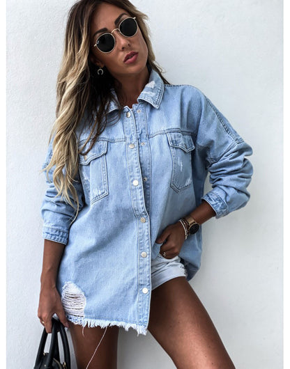 Mid-Length Loose Hole Batwing Sleeve Boyfriend Boyfriend  Denim Shacket Top Outerwear