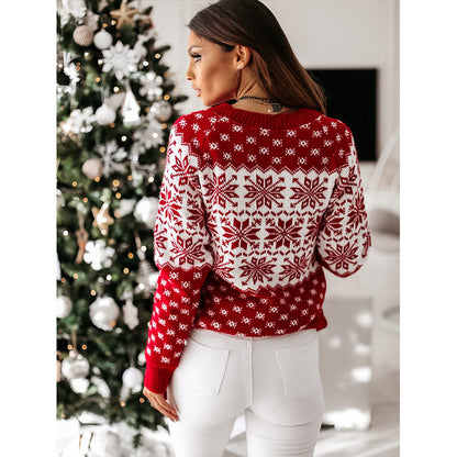 Autumn Winter Casual Christmas Snowflake Long Sleeve round Neck Knitted Pullover Sweater
