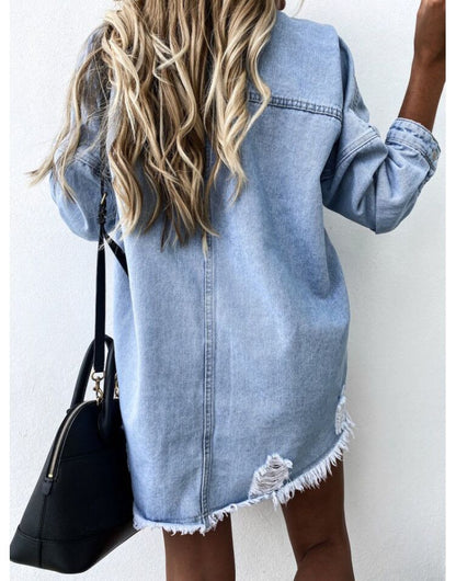 Mid-Length Loose Hole Batwing Sleeve Boyfriend Boyfriend  Denim Shacket Top Outerwear