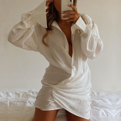 Long Sleeve White Shirt Sexy Deep V Plunge Plunge Women Clothing Popular Linen Dress