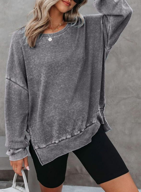 Women's round neck long sleeve side slit waffle knit top