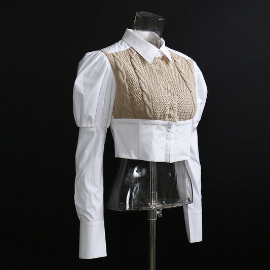 Woven Twisted Wool Stitching Cotton Shirt Puff Sleeves Shirt Shirt