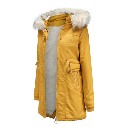 Women Cotton-Padded Clothes Fleece  Mid-Length Detachable Hat Fur Collar Winter Warm Fleece Overcoat Woman Plus Size