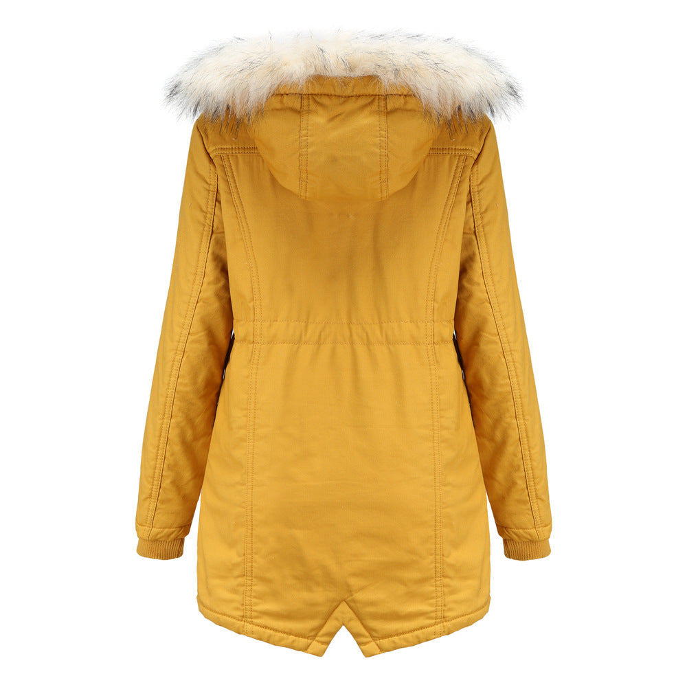 Women Cotton-Padded Clothes Fleece  Mid-Length Detachable Hat Fur Collar Winter Warm Fleece Overcoat Woman Plus Size