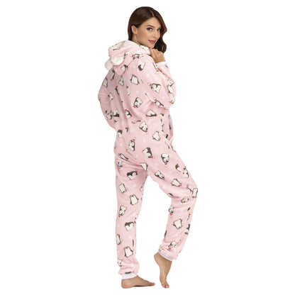 Women  Flannel Christmas Animal Print Jumpsuit Pajamas Homewear