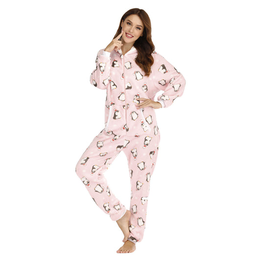 Women  Flannel Christmas Animal Print Jumpsuit Pajamas Homewear