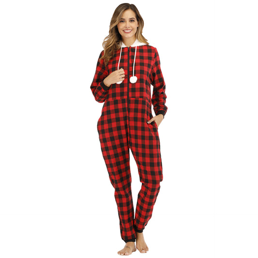 Popular Women  Cotton Plaid Hooded Jumpsuit Home Wear Pajamas