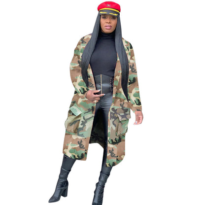 Autumn Winter  Women Clothing Camouflage Printed Mid-Length Trench Coat