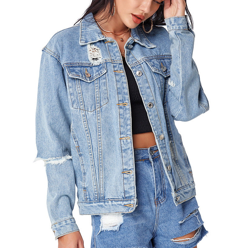 Wish Denim Jacket Women, Blue Ripped Short Denim Coat Women Clothing