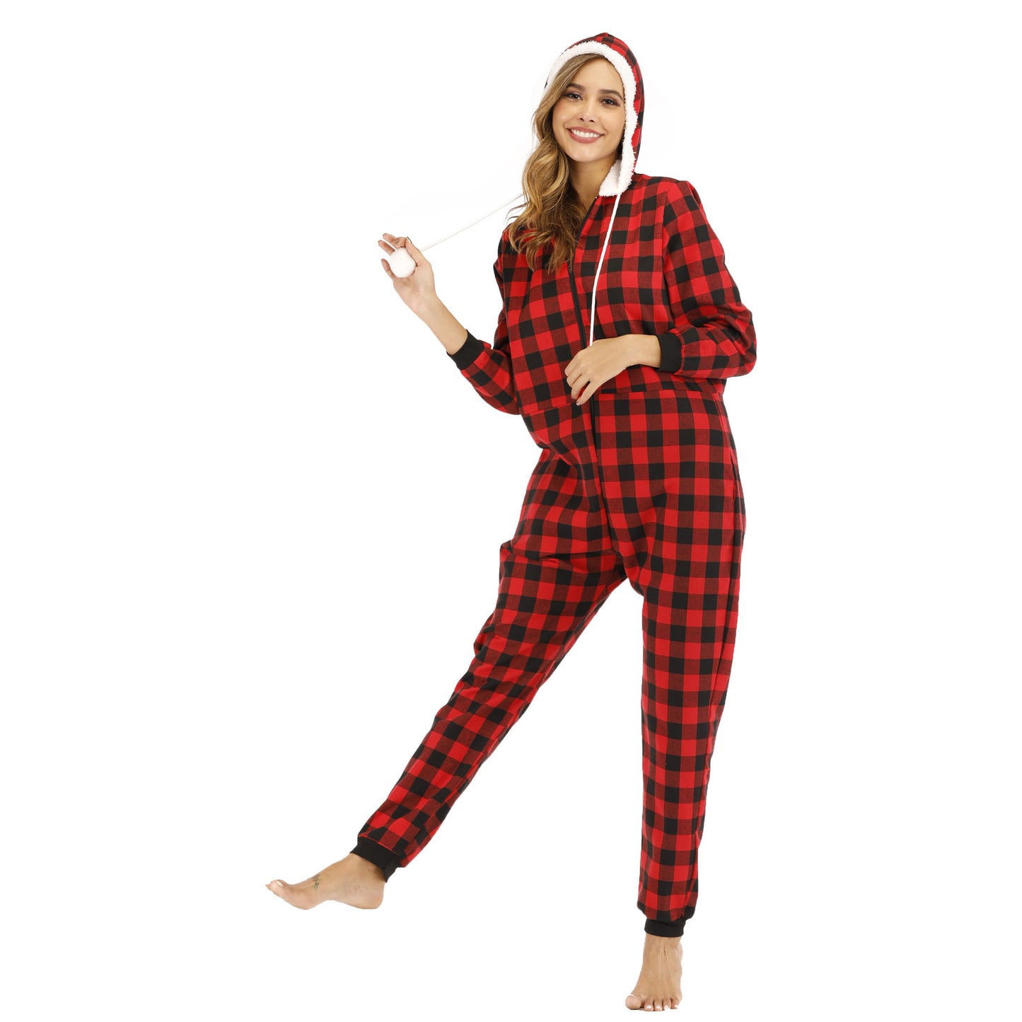 Popular Women  Cotton Plaid Hooded Jumpsuit Home Wear Pajamas