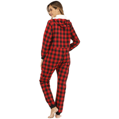 Popular Women  Cotton Plaid Hooded Jumpsuit Home Wear Pajamas