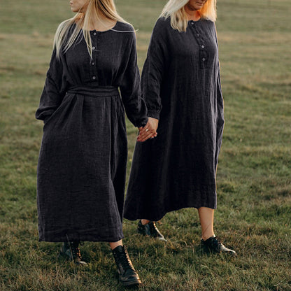 Dress Nordic Women  Clothing Spring Bandage Dress Niche Retro Waist Controlled Slimming Cotton Linen Large Long Dress Women