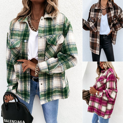 Autumn Winter Loose Casual Retro Plaid Long Sleeve Shacket Jacket