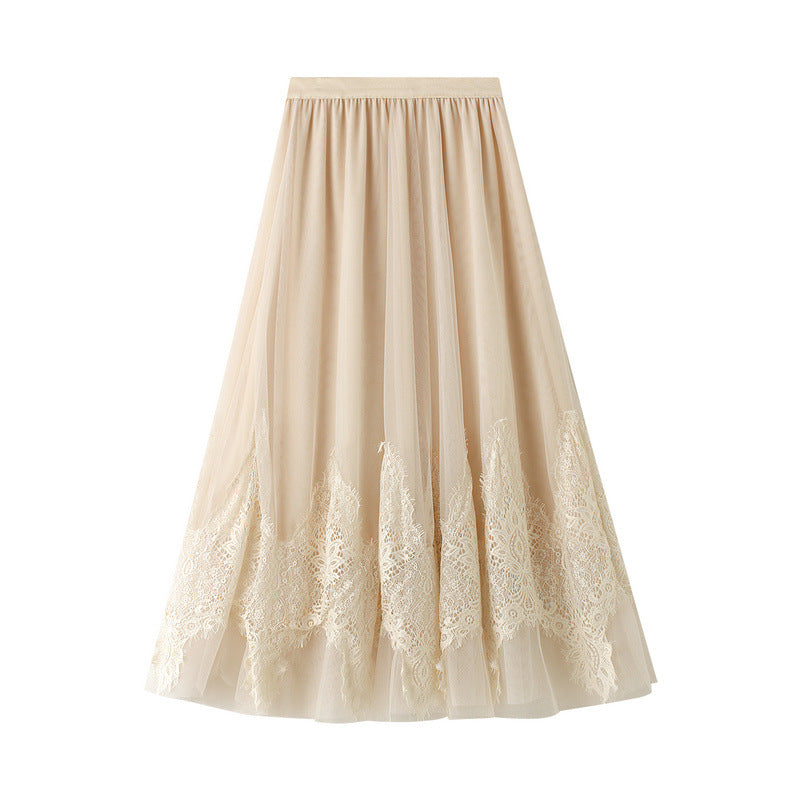 Autumn Winter Retro Mesh Skirt Women   Mid Length Lace Stitching Gauzy Skirt Long Skirt