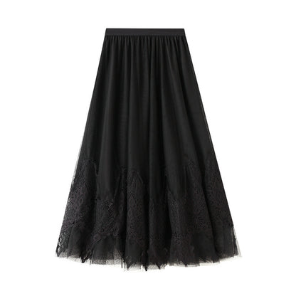 Autumn Winter Retro Mesh Skirt Women   Mid Length Lace Stitching Gauzy Skirt Long Skirt