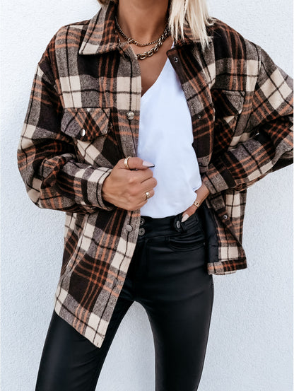 Autumn Winter Loose Casual Retro Plaid Long Sleeve Shacket Jacket