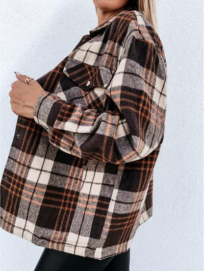 Autumn Winter Loose Casual Retro Plaid Long Sleeve Shacket Jacket