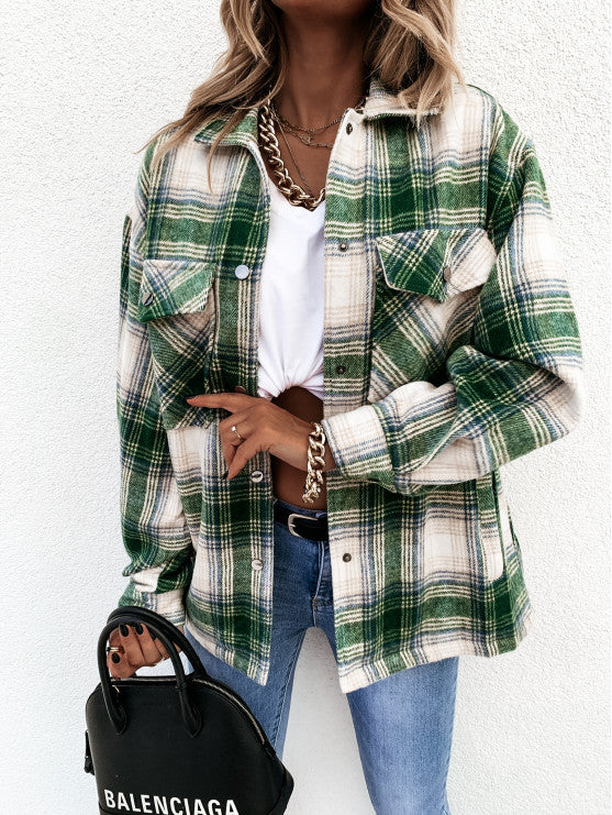 Autumn Winter Loose Casual Retro Plaid Long Sleeve Shacket Jacket