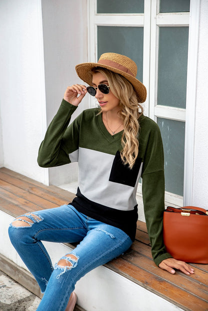 Eaby V neck Long Sleeve Stitching Three Color Brushed Hoody Striped Top Women