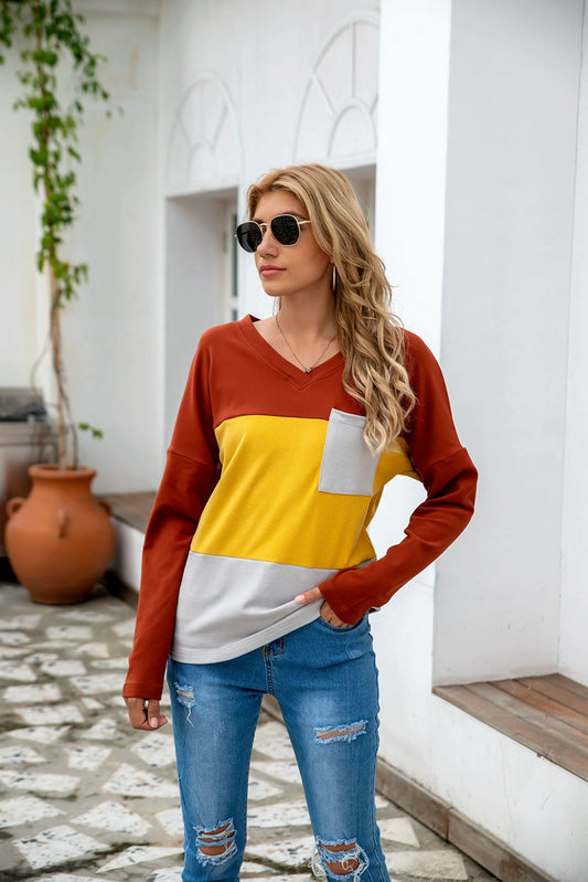 Eaby V neck Long Sleeve Stitching Three Color Brushed Hoody Striped Top Women