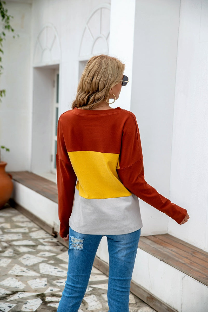 Eaby V neck Long Sleeve Stitching Three Color Brushed Hoody Striped Top Women